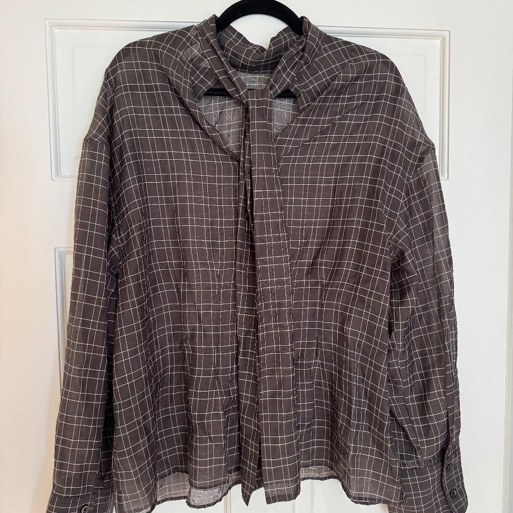 Grey Striped Semi-Sheer Blouse with Neck Tie